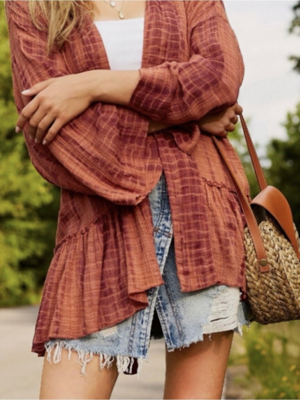 Free People Womens XS/S Tie Dye Kimono Jacket Cotton Gauze Belted Boho Rust